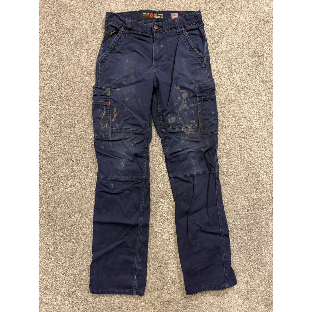 Ariat Cargo Pants Mens 29x36 Navy M5 Straight Leg FR Flame Resistant Distressed*